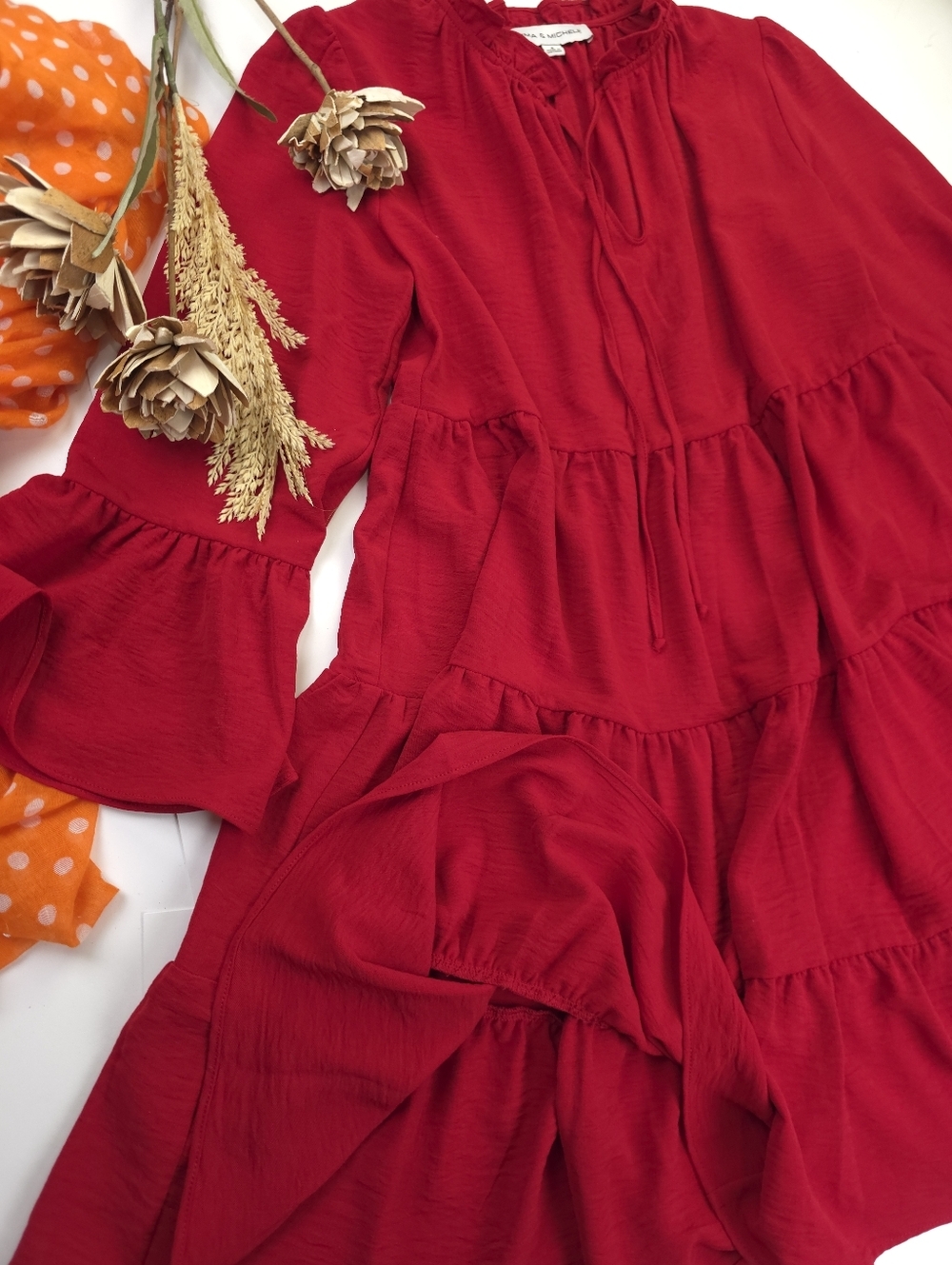 New Emma & Michelle Deep Red Tiered Ruffle Dress Sz S - Picture 4 of 12